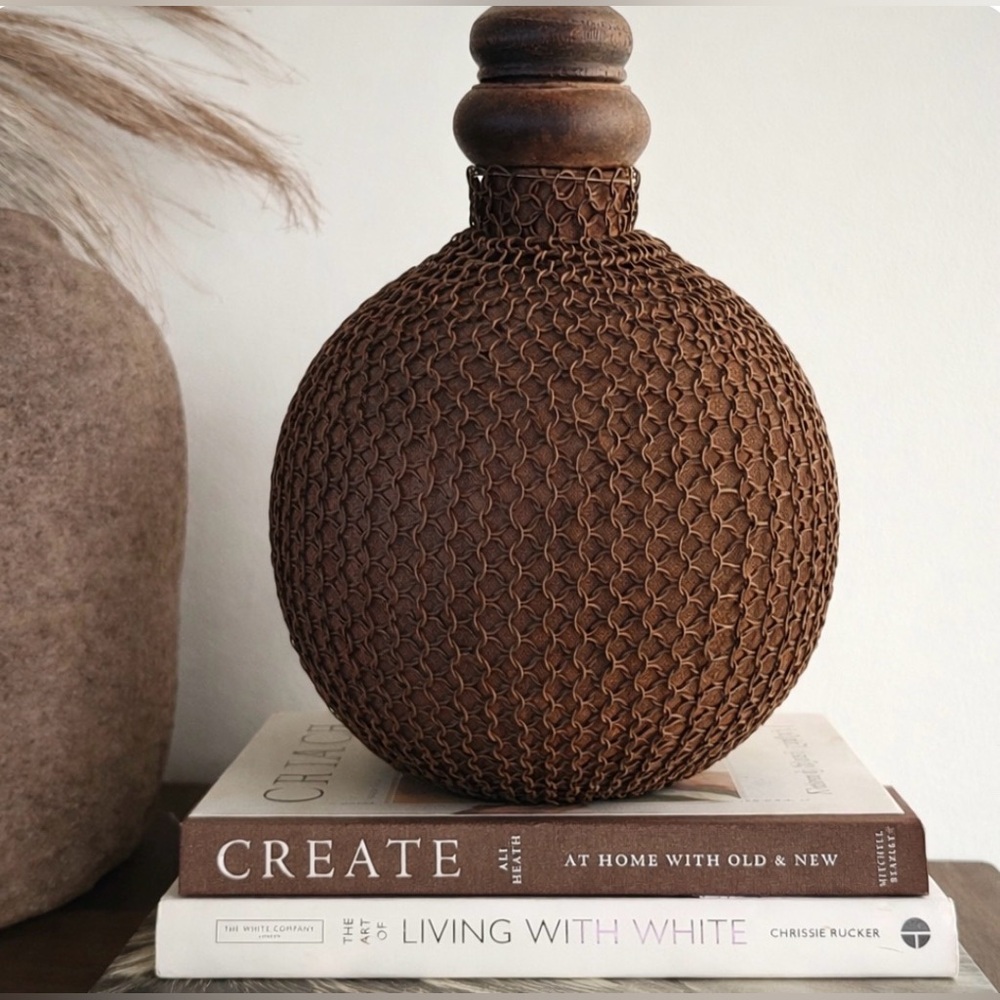 Vintage Metal Demijohn Vessel | Wire-Wrapped Mesh Bottle | Rustic Decor